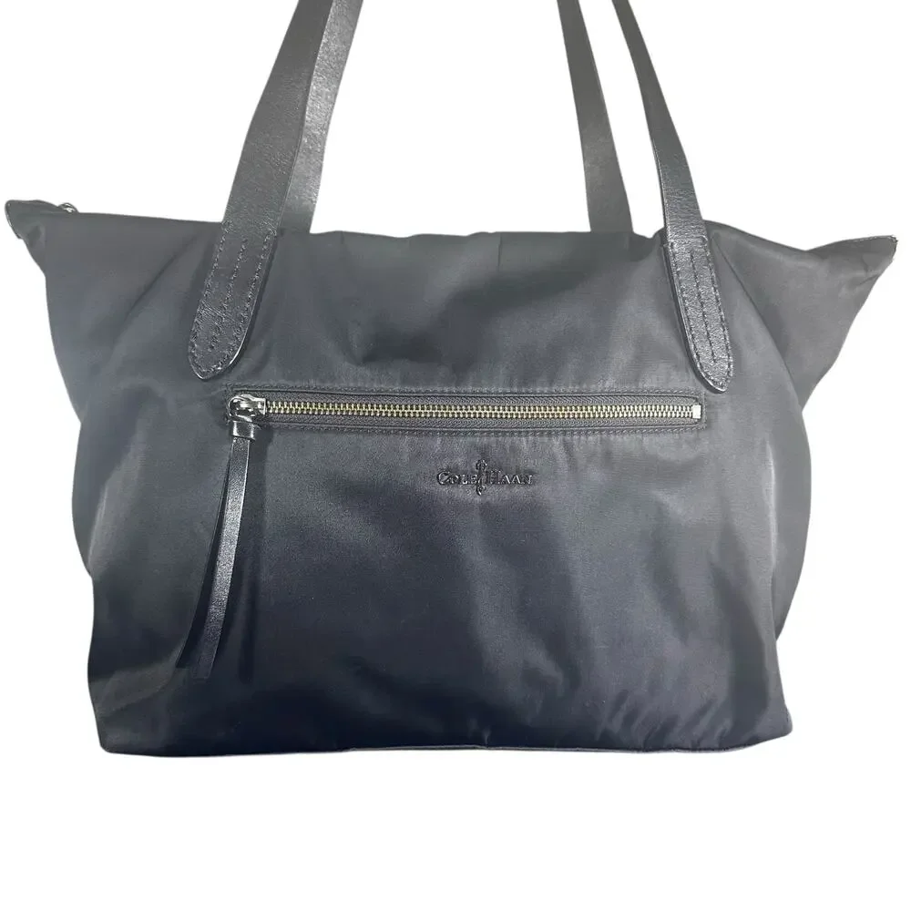 Cole Haan Black Nylon Tote Bag Leather Trim Zip Top Shoulder Bag Travel Purse